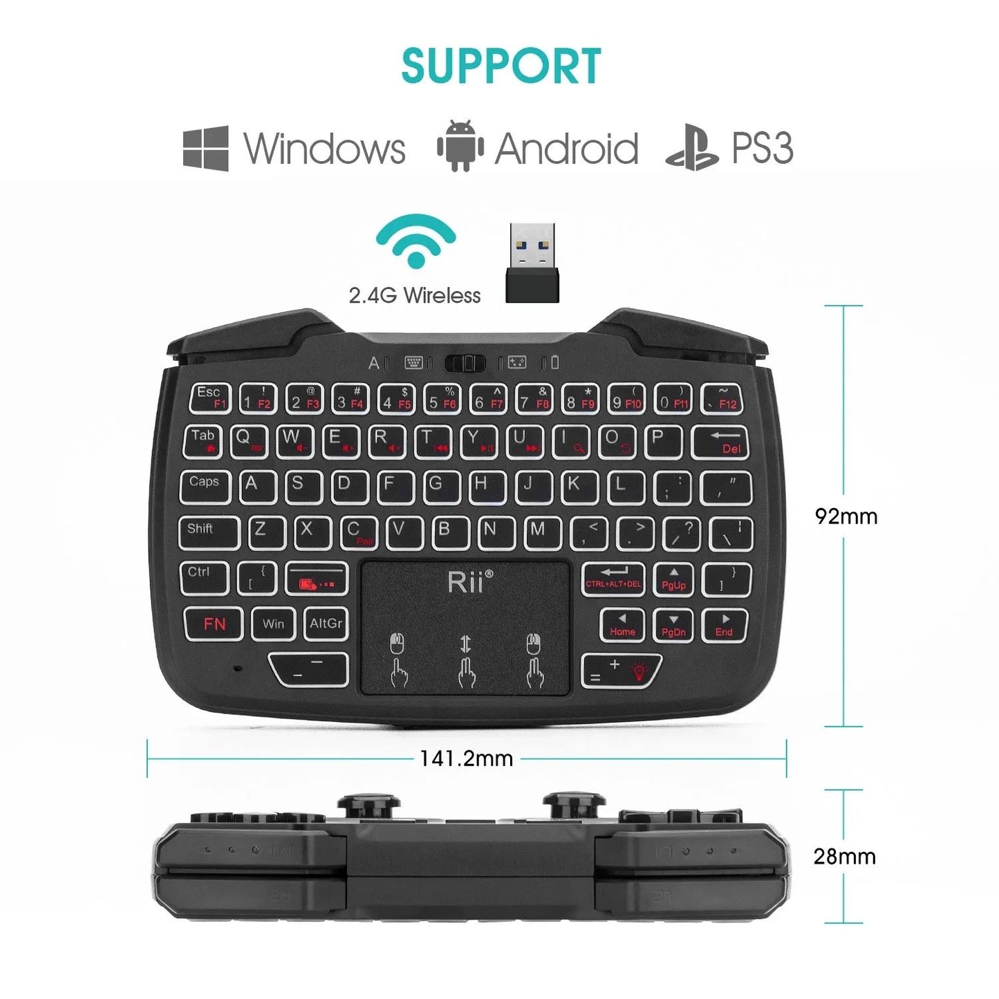 Rii Mini Wireless Game Controller Keyboard Combo with Touchpad & Backlit
