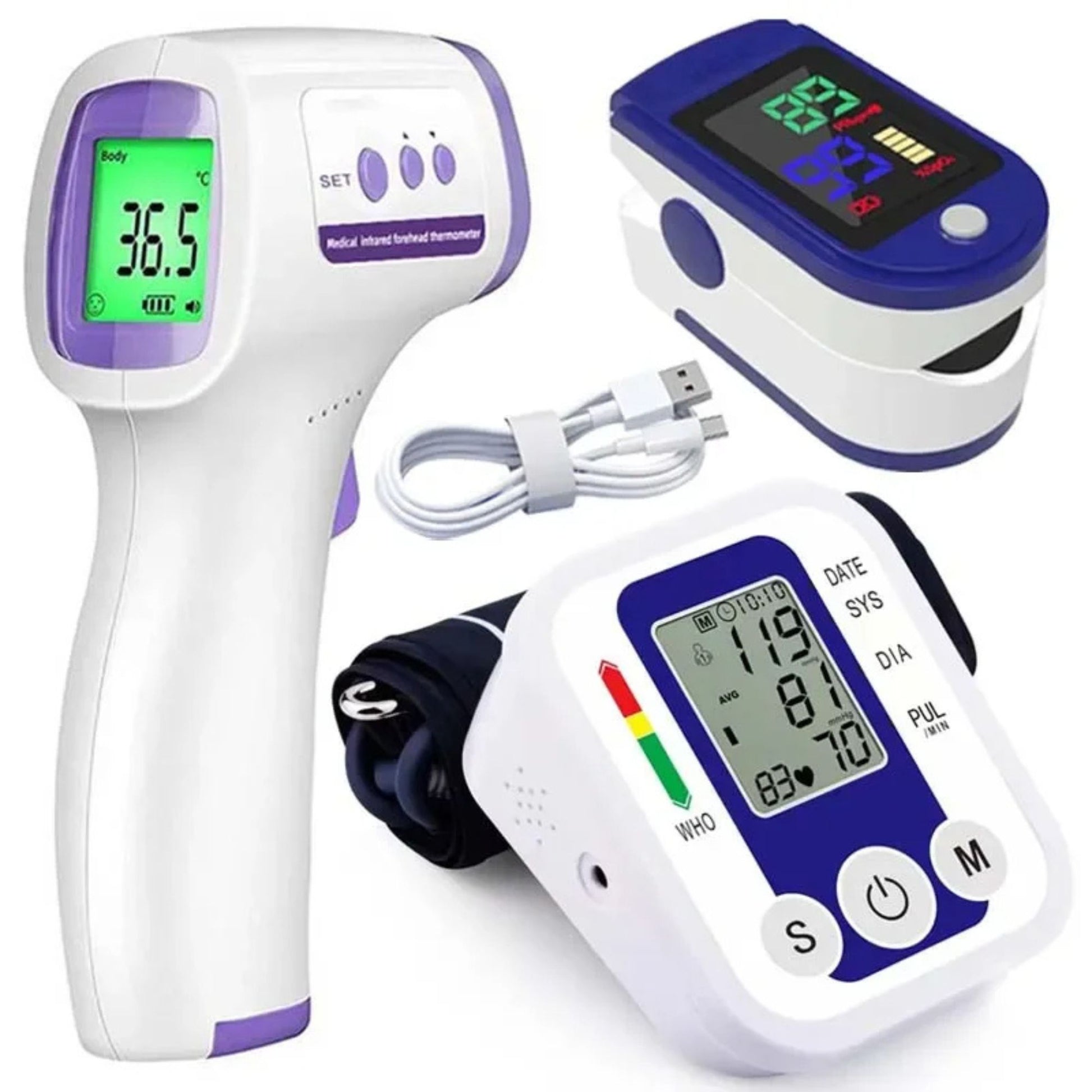 Set of medical devices including a thermometer, pulse oximeter, and blood pressure monitor on a white background.