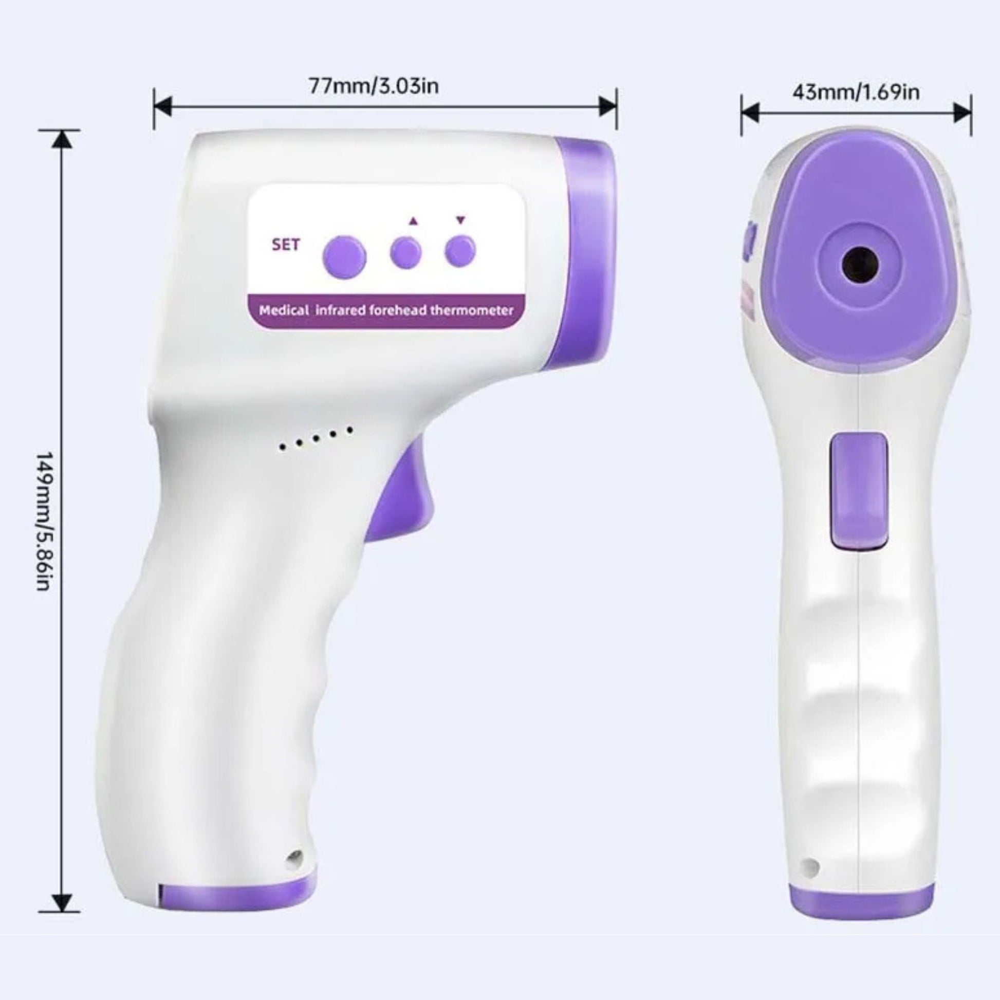 Medical infrared thermometer with dimensions displayed on a light purple background