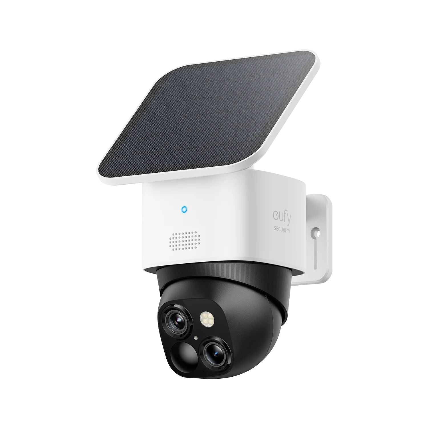 Outdoor security camera with solar panel on a white background
