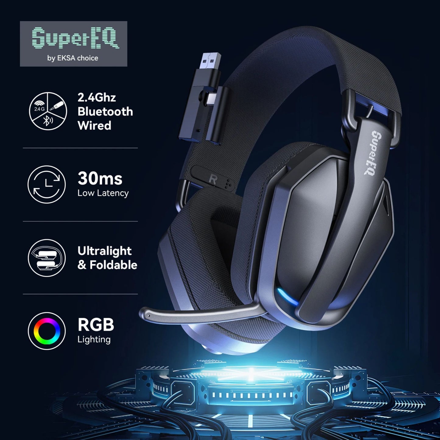 SuperEQ Tri-Mode Wireless Gaming Headset