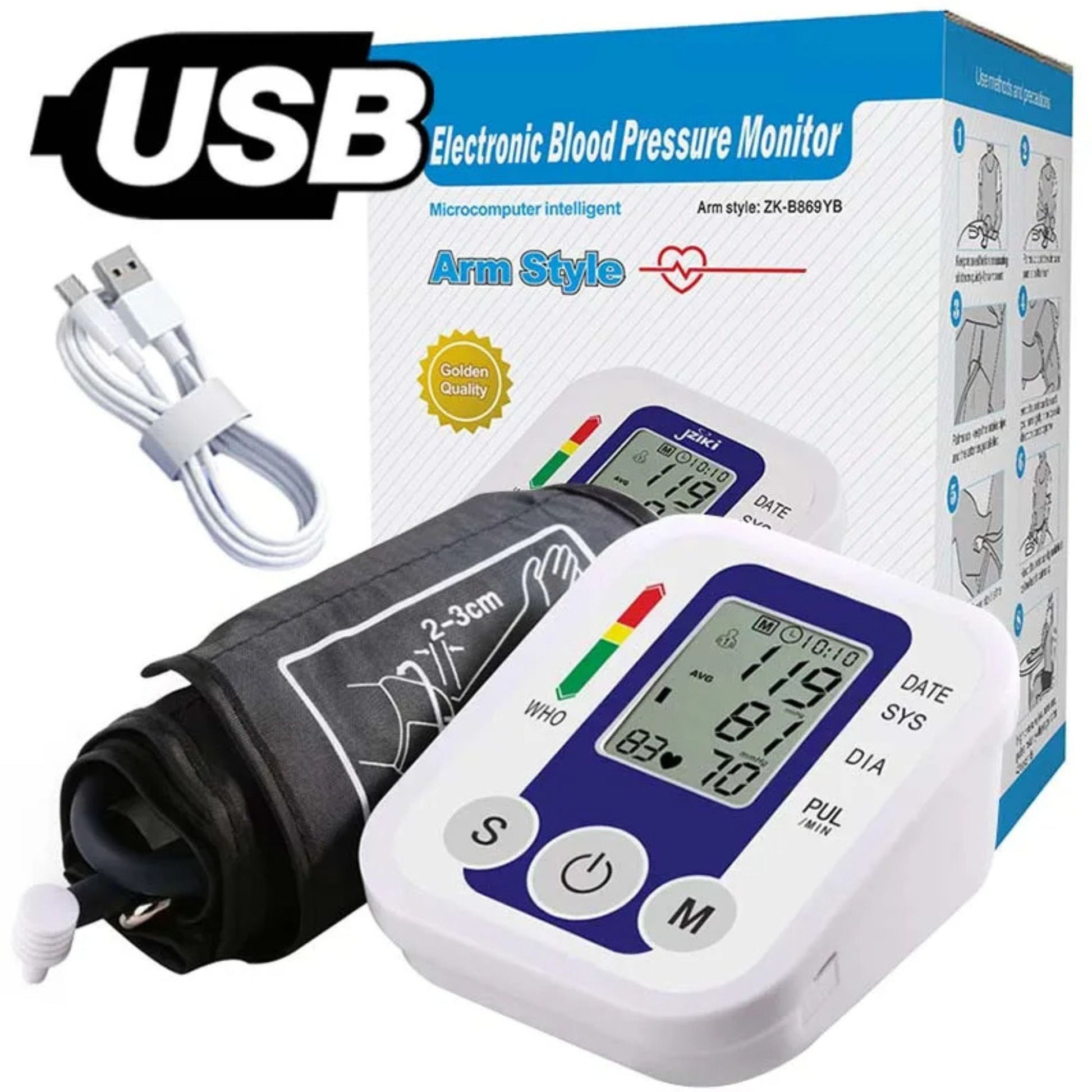 USB electronic blood pressure monitor with arm style, cable, and packaging on a white background