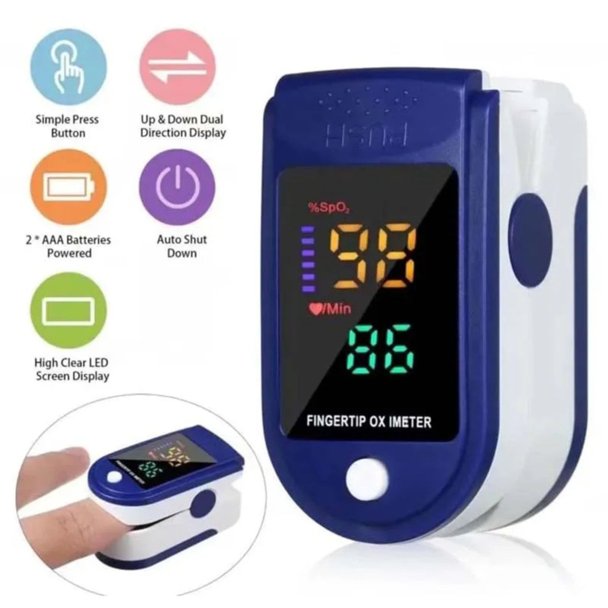 Fingertip oximeter with digital display and features listed on a white background