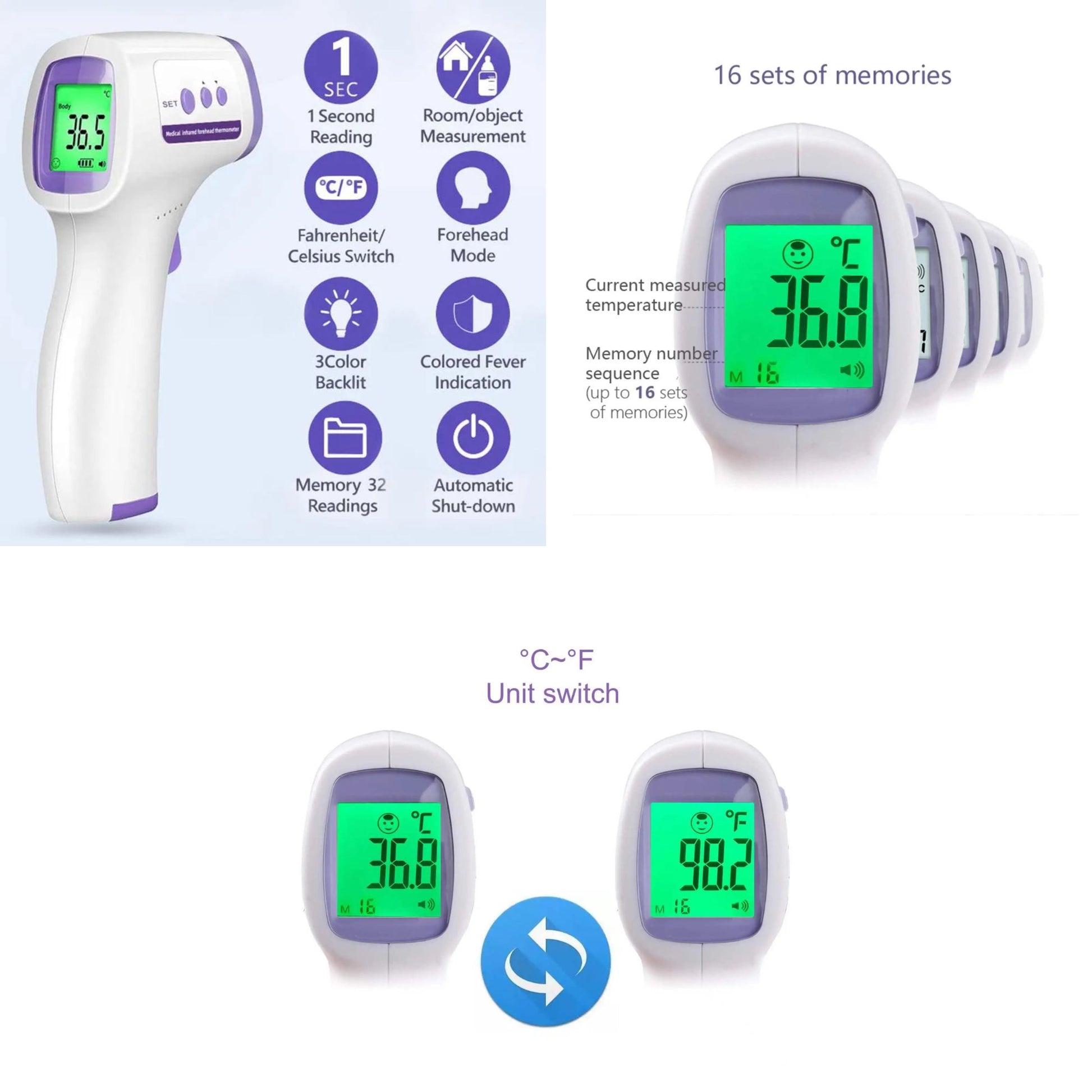 Infrared thermometer with digital display and multiple features on a white background
