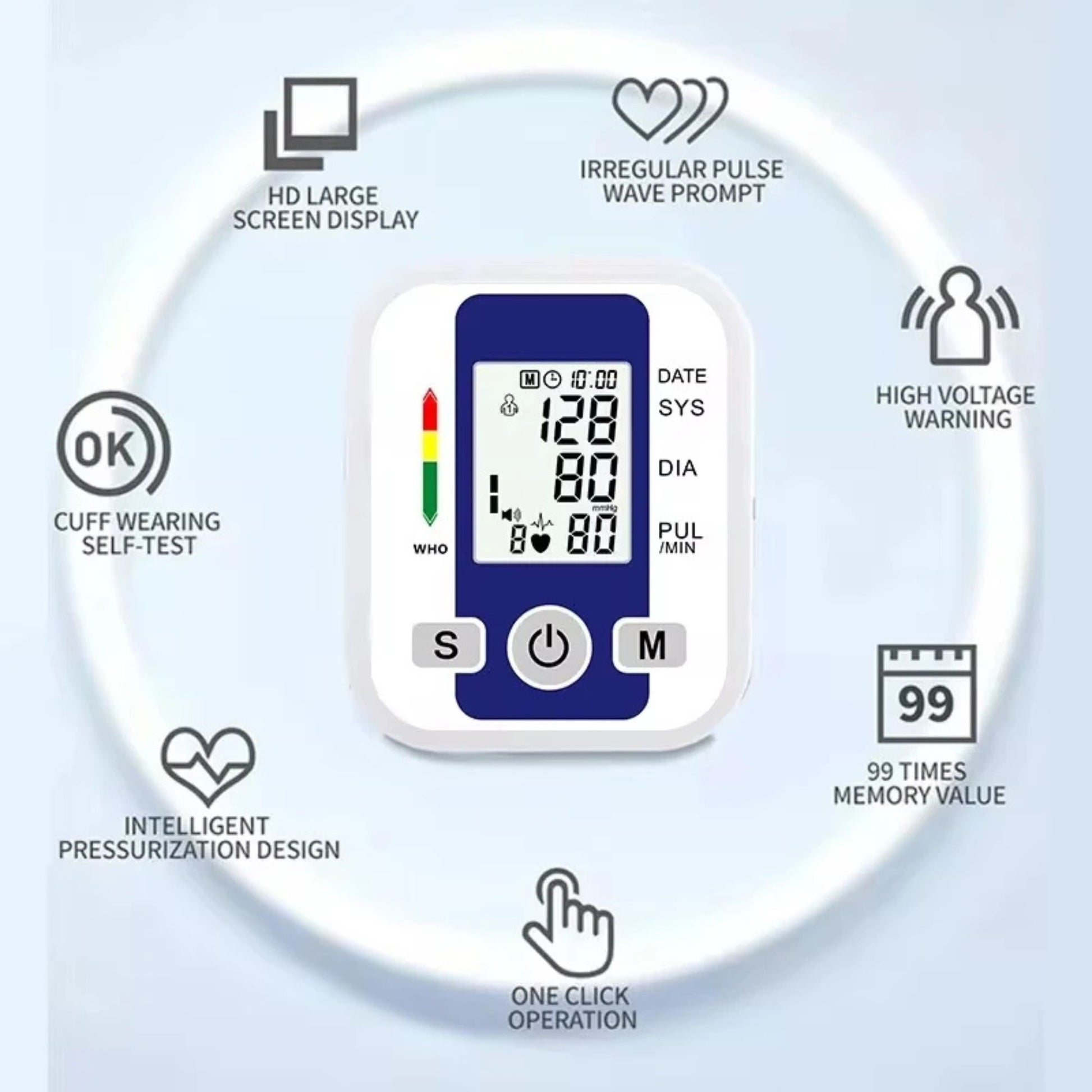 Digital blood pressure monitor with features listed on a light blue background