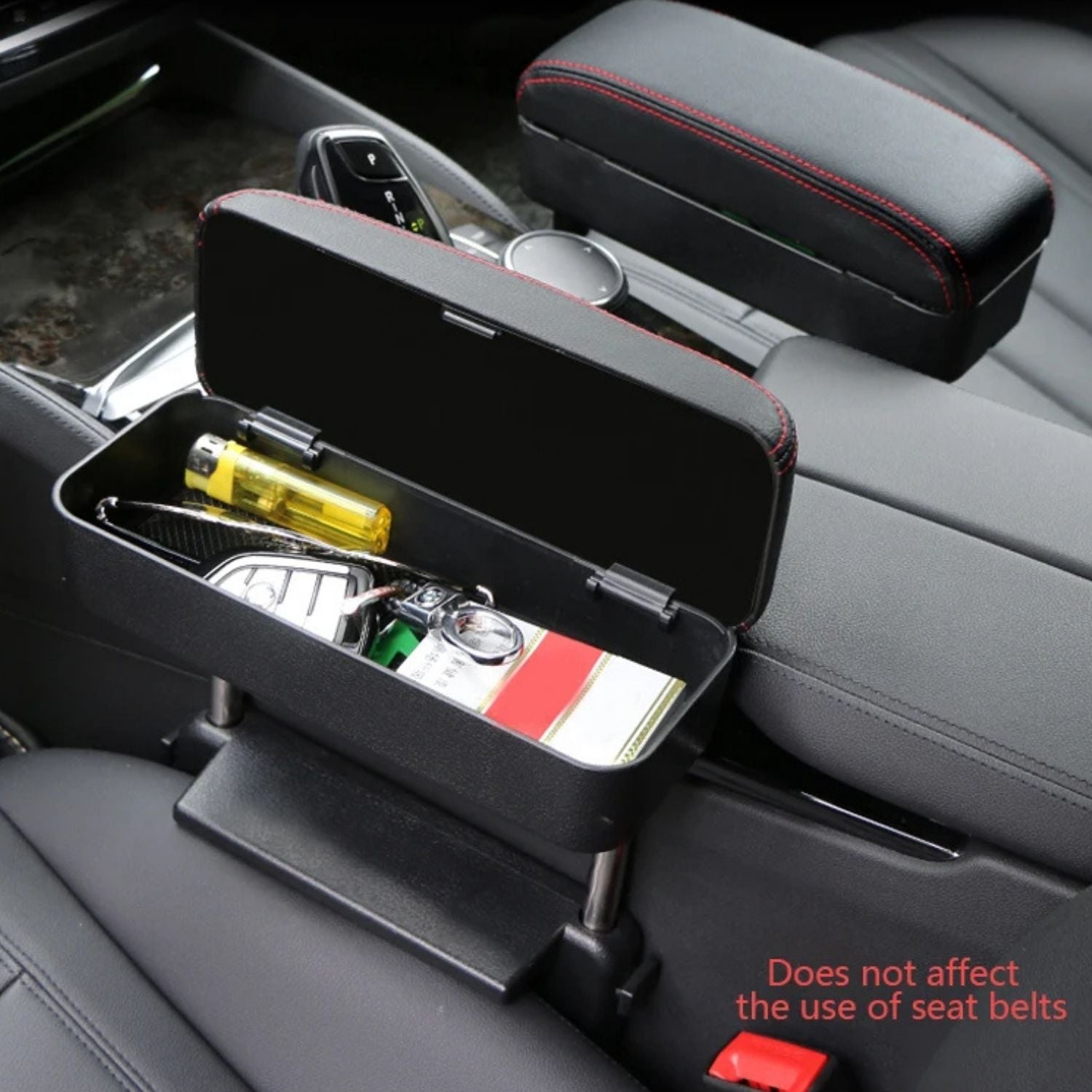 Car organizer with keys and tools inside, attached to a car seat.