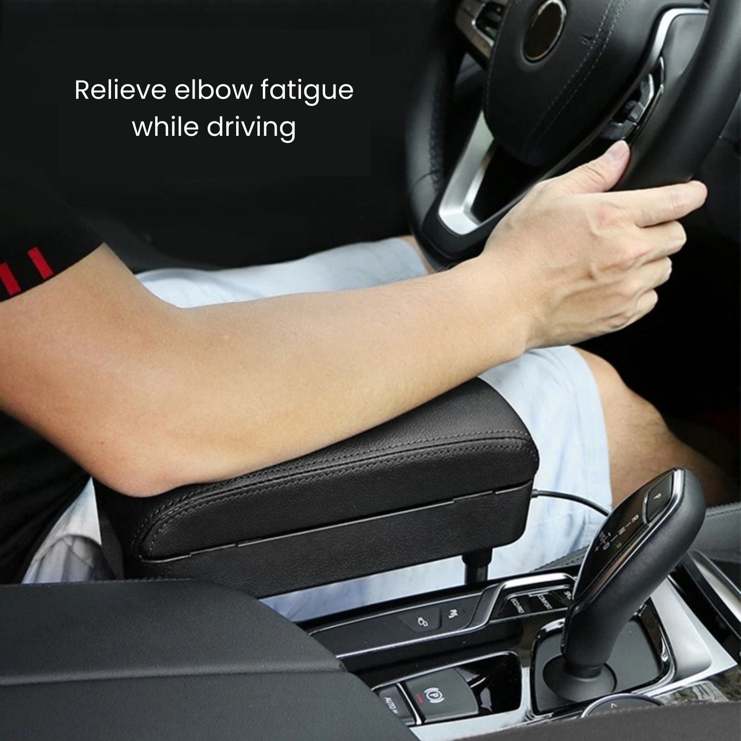 Person using a car armrest with text 'Relieve elbow fatigue while driving' inside a vehicle.