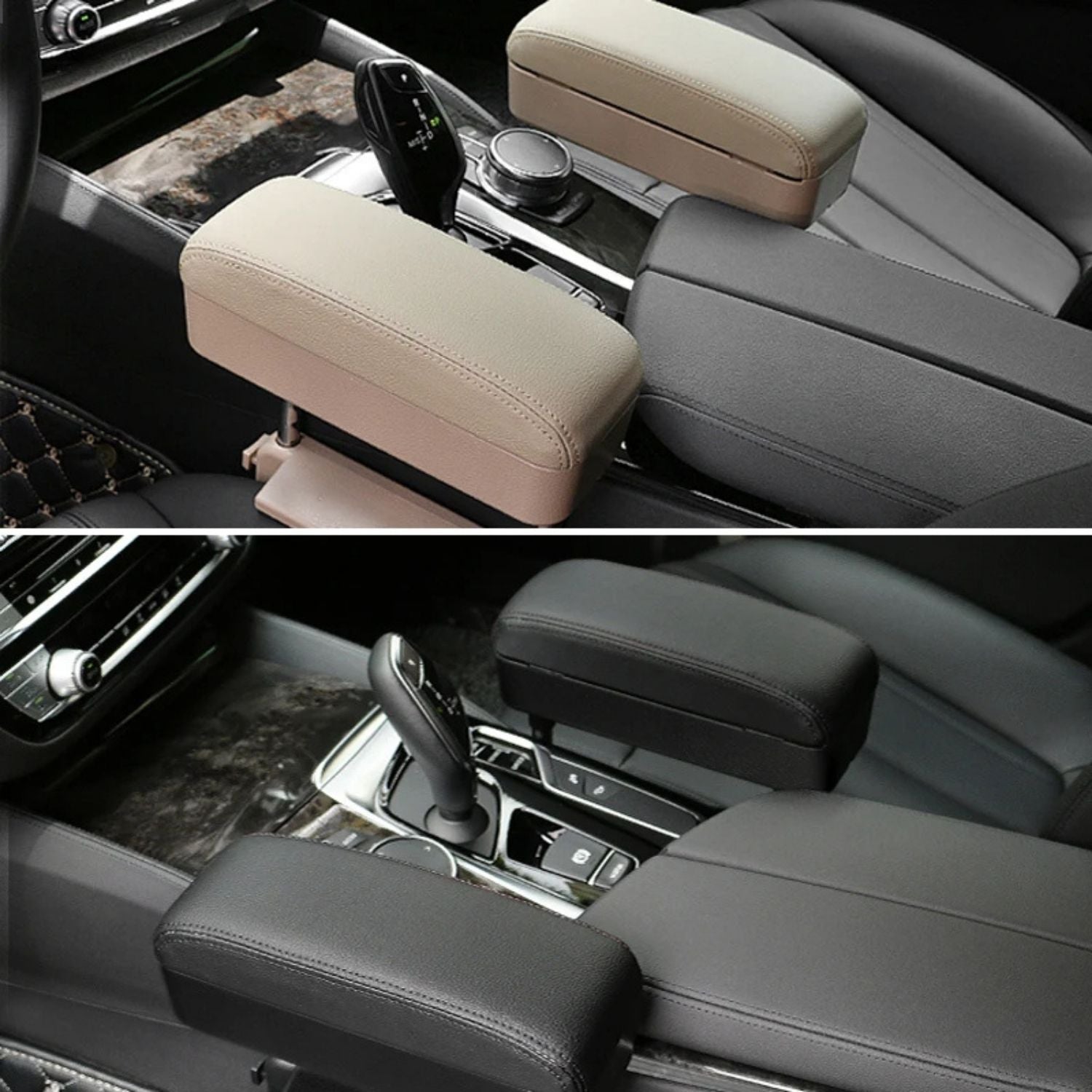 Two views of a car's center console with armrests in beige and gray.