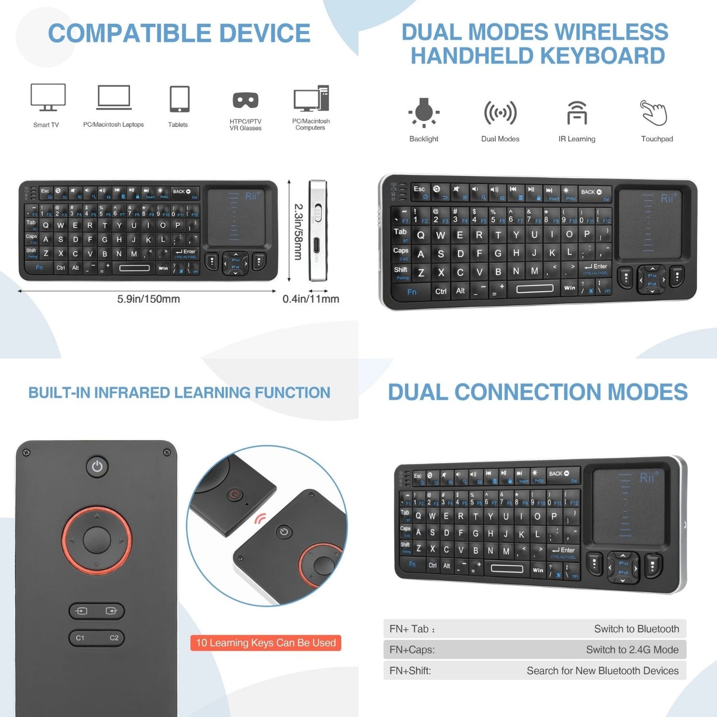 Mini Bluetooth & 2.4GHz Wireless Backlit Keyboard with Touchpad & IR Learning
