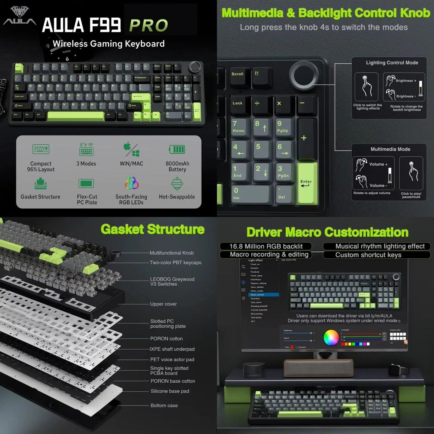 Gaming Mechanical Keyboard 100 Keys Hot-Swappable Tri-Mode Wireless Keyboard with RGB and Media Knob