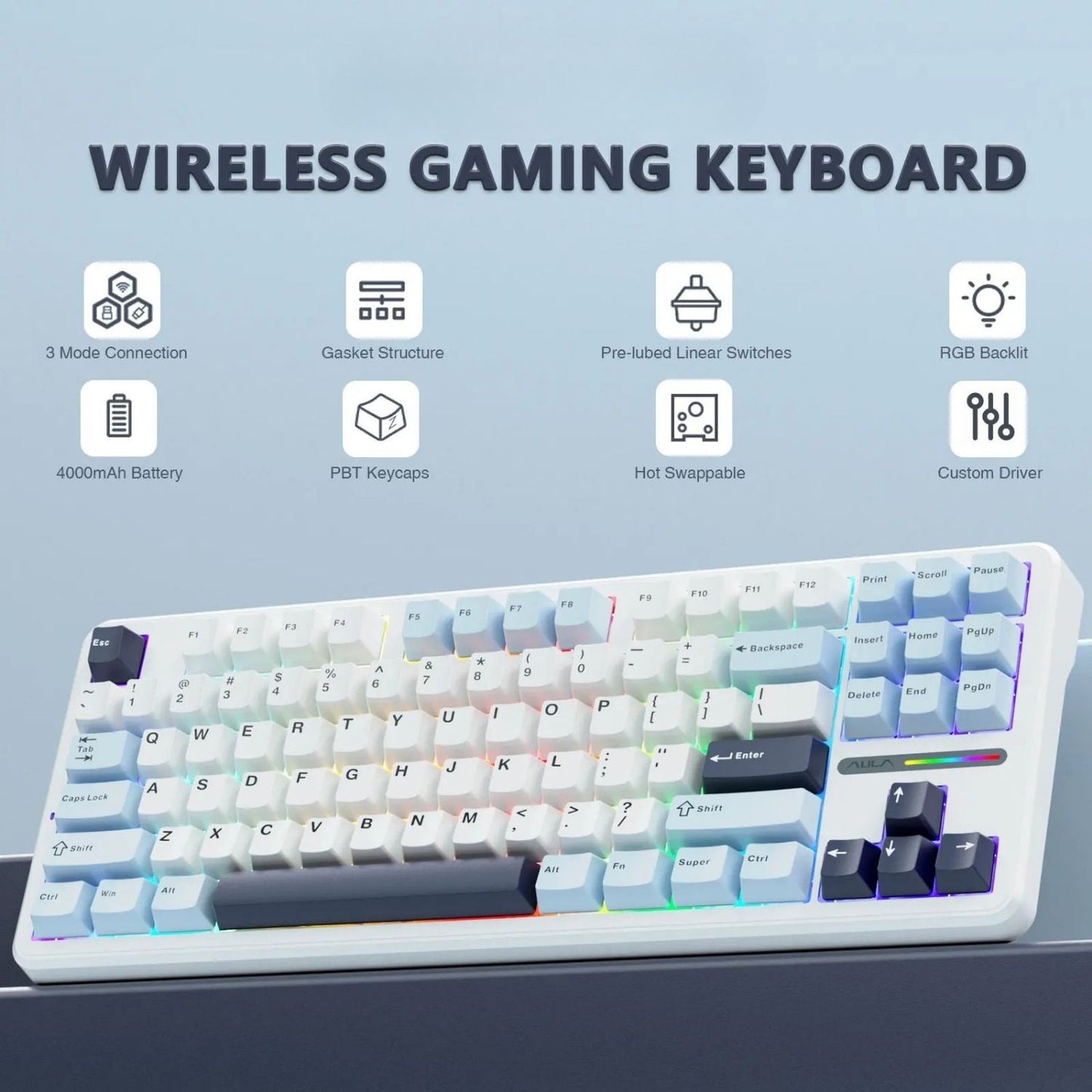 Mechanical Keyboard Tri-Mode Wireless RGB 87 Key Hot-Swappable with Noise Reduction and PBT Keycaps