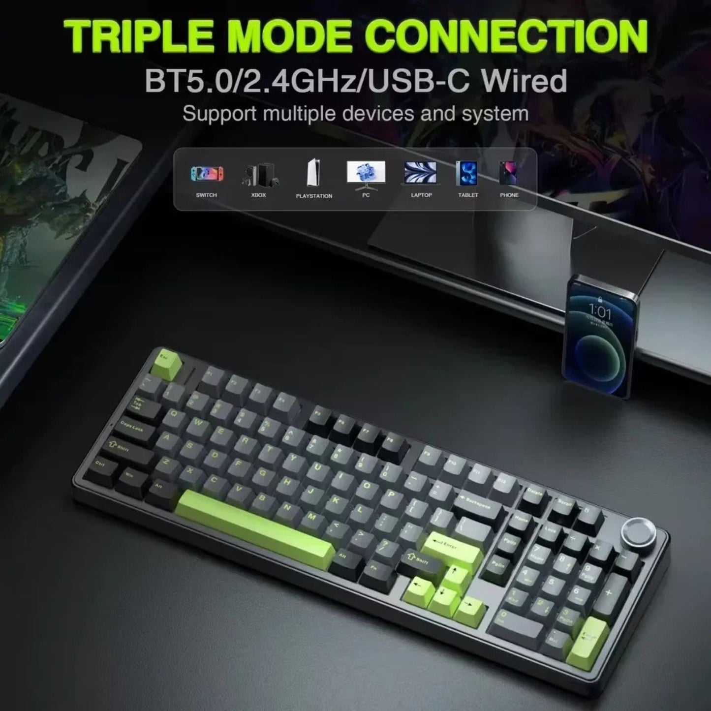 Gaming Mechanical Keyboard 100 Keys Hot-Swappable Tri-Mode Wireless Keyboard with RGB and Media Knob