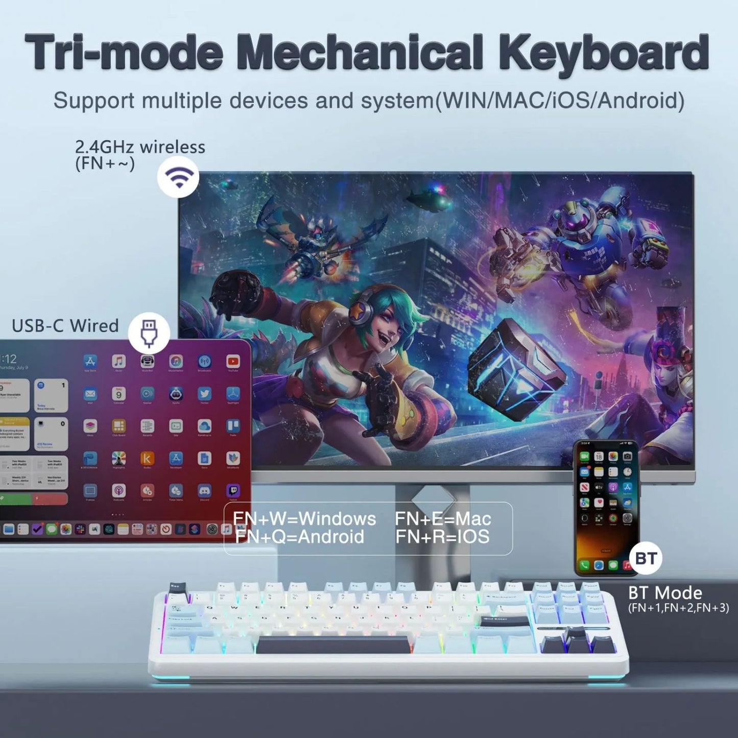 Mechanical Keyboard Tri-Mode Wireless RGB 87 Key Hot-Swappable with Noise Reduction and PBT Keycaps