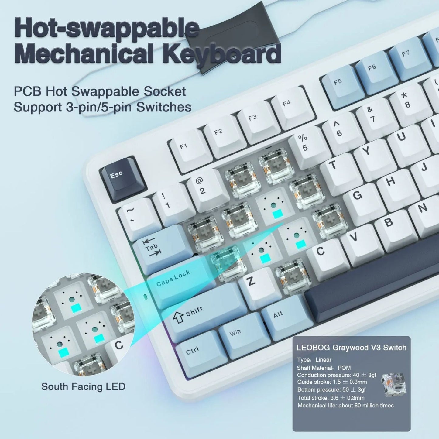 Mechanical Keyboard Tri-Mode Wireless RGB 87 Key Hot-Swappable with Noise Reduction and PBT Keycaps