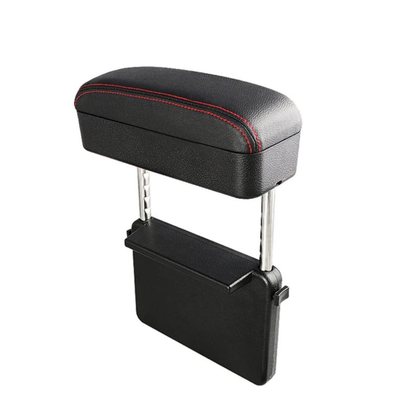 Black car armrest with red stitching on a white background